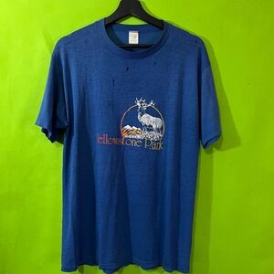 Vintage 80s Jerzees Yellowstone Park Shirt Blue Single Stitch Elk Graphic Large